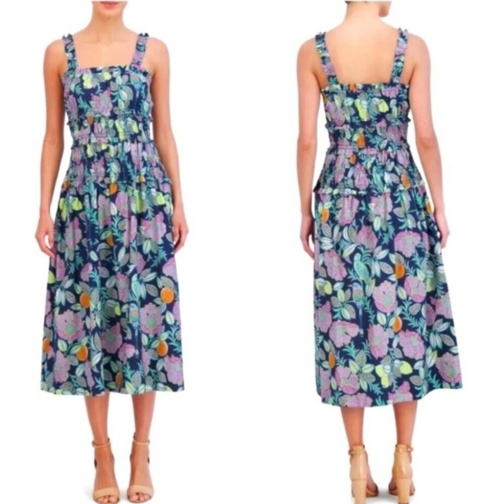 Eliza J Womens Multicolor Floral Sleeveless Cotton Smocked Midi Sundress Size 10